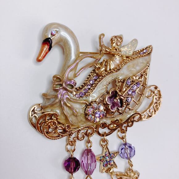 Vintage Signed Kirk's Folly Fairy Swan Sleigh Brooch Gold Tone Rhinestone Whimsy - Picture 4 of 10